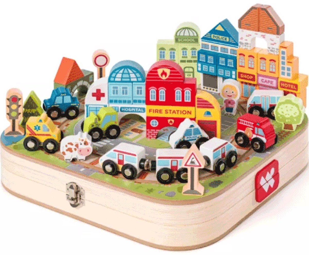 Woody - Koffer Met Blokken En Trein - 55 Onderdelen - Houten
