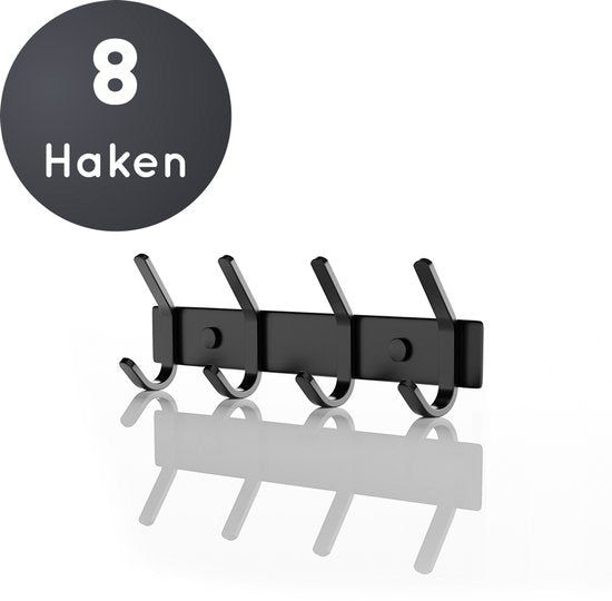 Volcan - Wandkapstok 8 Haaks - Rvs - Inclusief Montagekit - 27 X 8 Cm -Zwart
