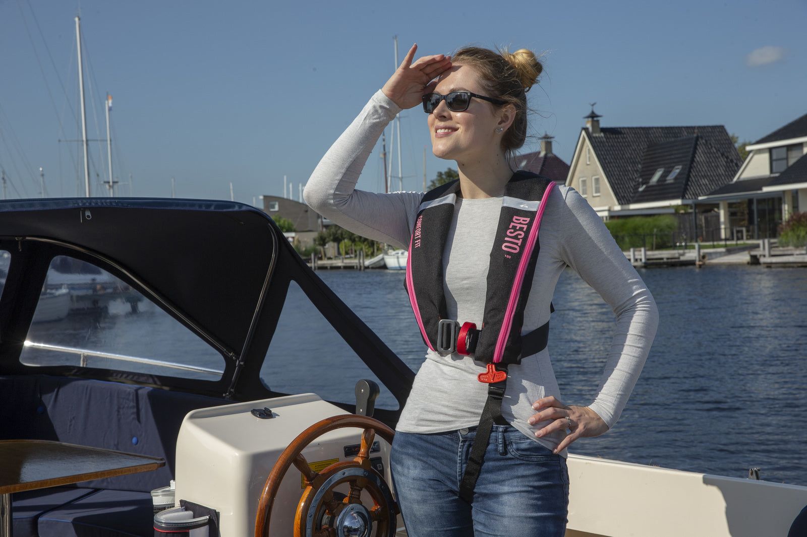 Merkloos Besto Comfort Fit 180N Mh Automatisch Reddingsvest Met Harnas Zwart/roze