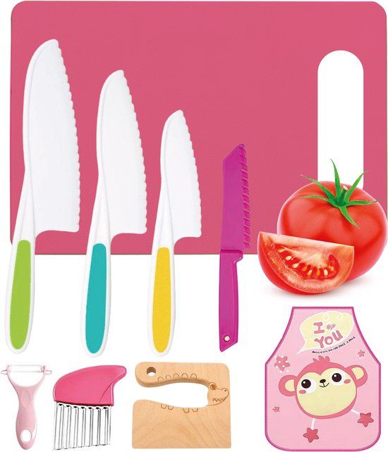 Qwali Xl Montessori Kinder Messen Set - 9 Delig - Incl. Snijplank En Schort - Veilig - Koken -
