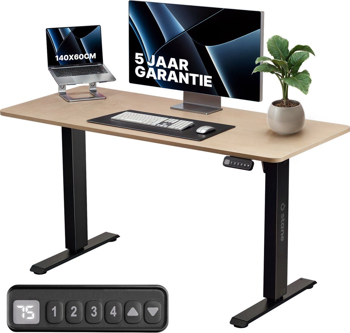Stane Zit Sta Bureau Elektrisch Verstelbaar - 4 Geheugenstanden - 140 x 60 cm - Grijs Eiken