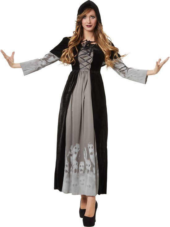 Dressforfun Machtige Tovenares Xxl - Verkleedkostuum Halloween - Lange Jurk Met Geesten En Cape - Zwart