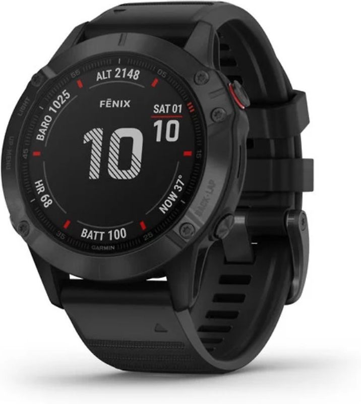 Garmin Fenix 6 Pro 47 mm zwart met een zwarte siliconen polsband