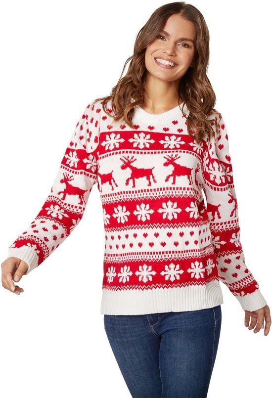 Dressforfun Kersttrui - Wintertrui Met Rendieren En Sneeuwvlokken - Wit-rood - Xxl