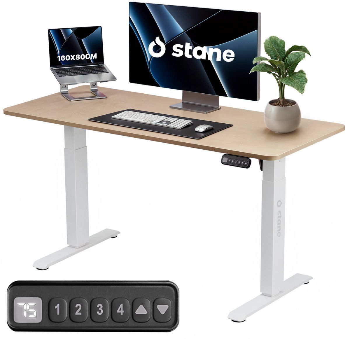 Stane Zit Sta Bureau Elektrisch Verstelbaar - 4 Geheugenstanden - 160 X 80 Cm - Eiken Blad Wit Frame