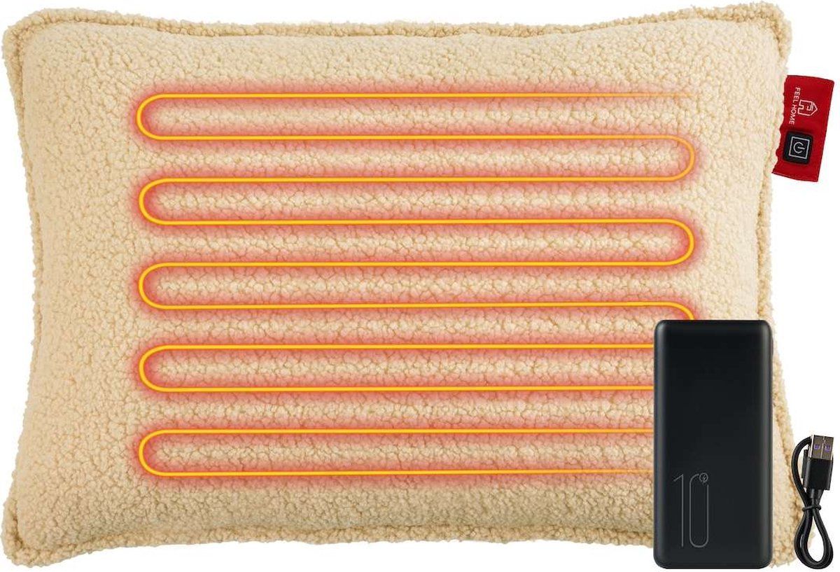 Feel Home - Verwarmend Kussen - 3 Warmteniveaus - Gebroken wit 45x60cm - 10000mAh Power bank