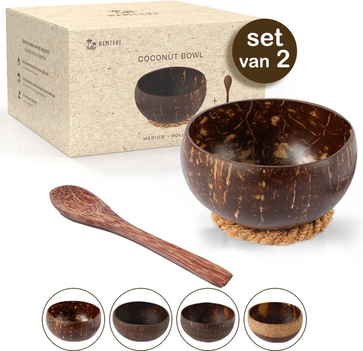 Namture - Kokosnoot Kom Set Polished - 2 Kommen&2 Houten Lepels - Coconut Bowl - Zero Waste&Duurzaam - Medium Maat - Duurzaam Cadeau