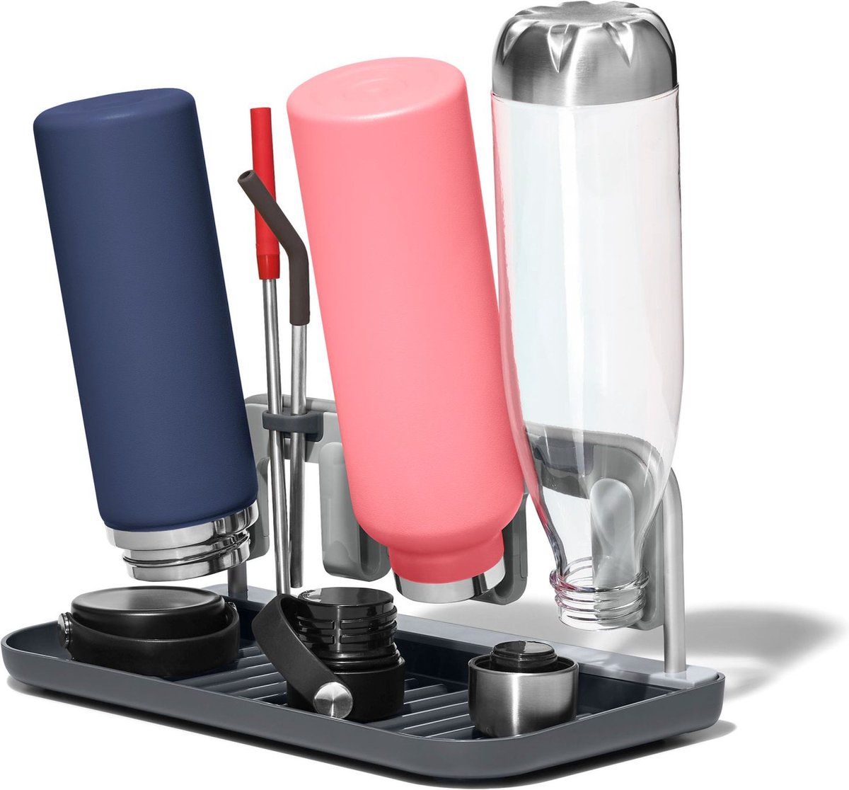 Oxo Good Grips - Droogrek Voor Waterflessen - Voor 4 Flessen En 4 Rietjes - Grijs