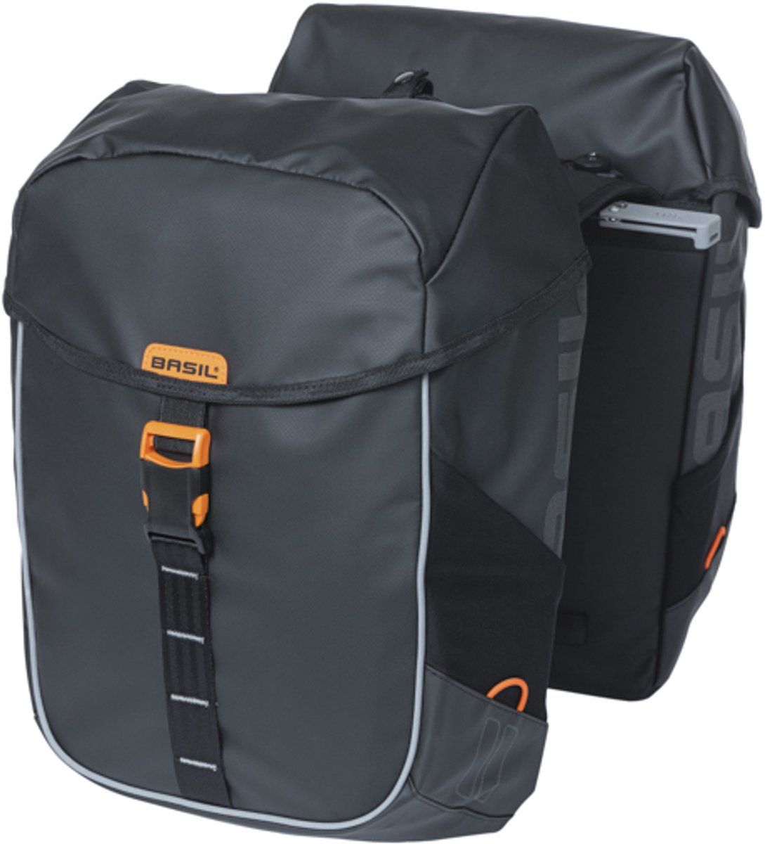 Basil Miles - Dubbele Fietstas - 34L - Waterdicht Tarpaulin - Zwart/Oranje - Met Mik Adapterplaat - Reflecterend