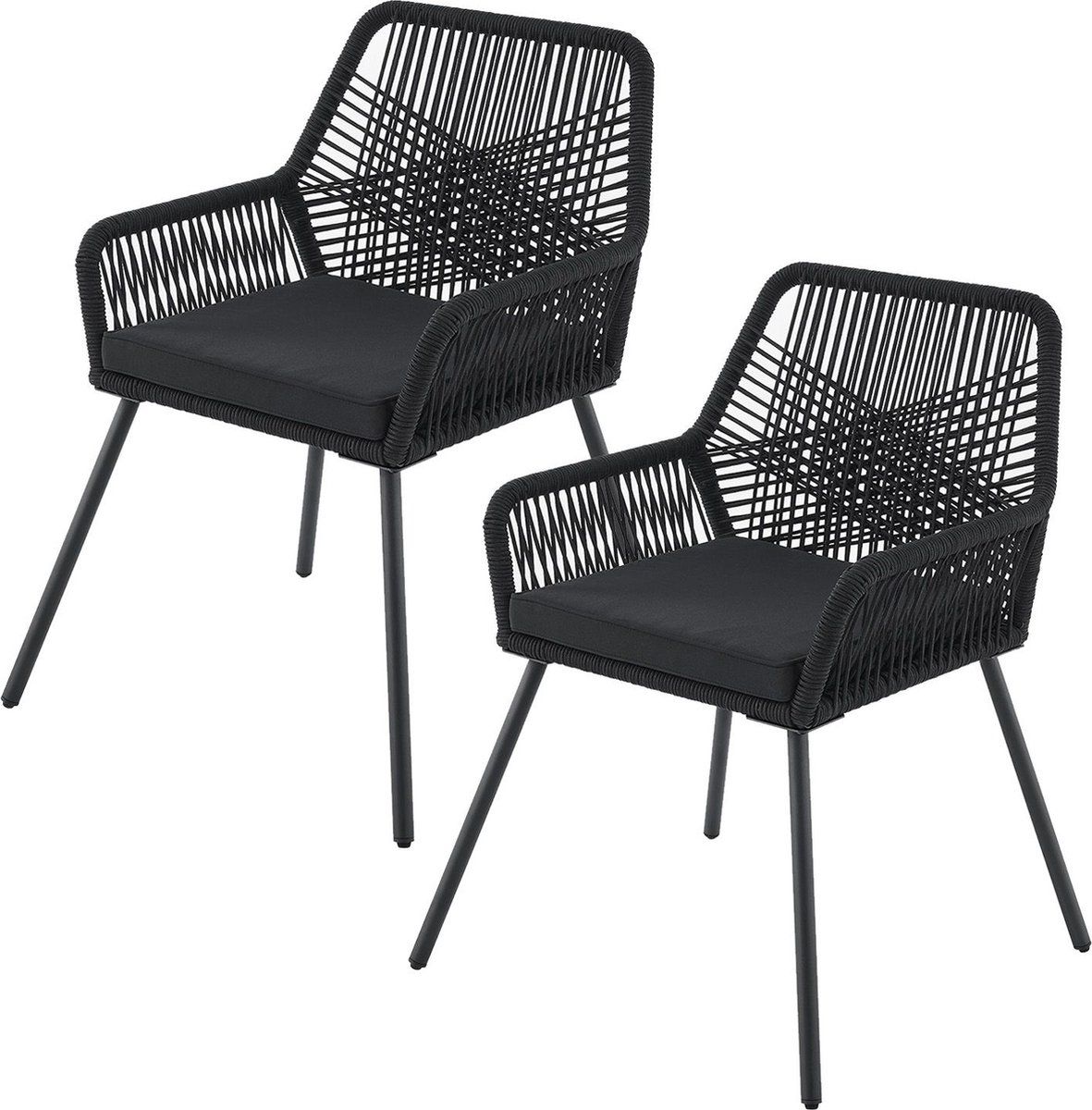Juskys Kastos - Tuinstoel - Touwgaas Met Zitkussen - Zwart (2 Stuks)