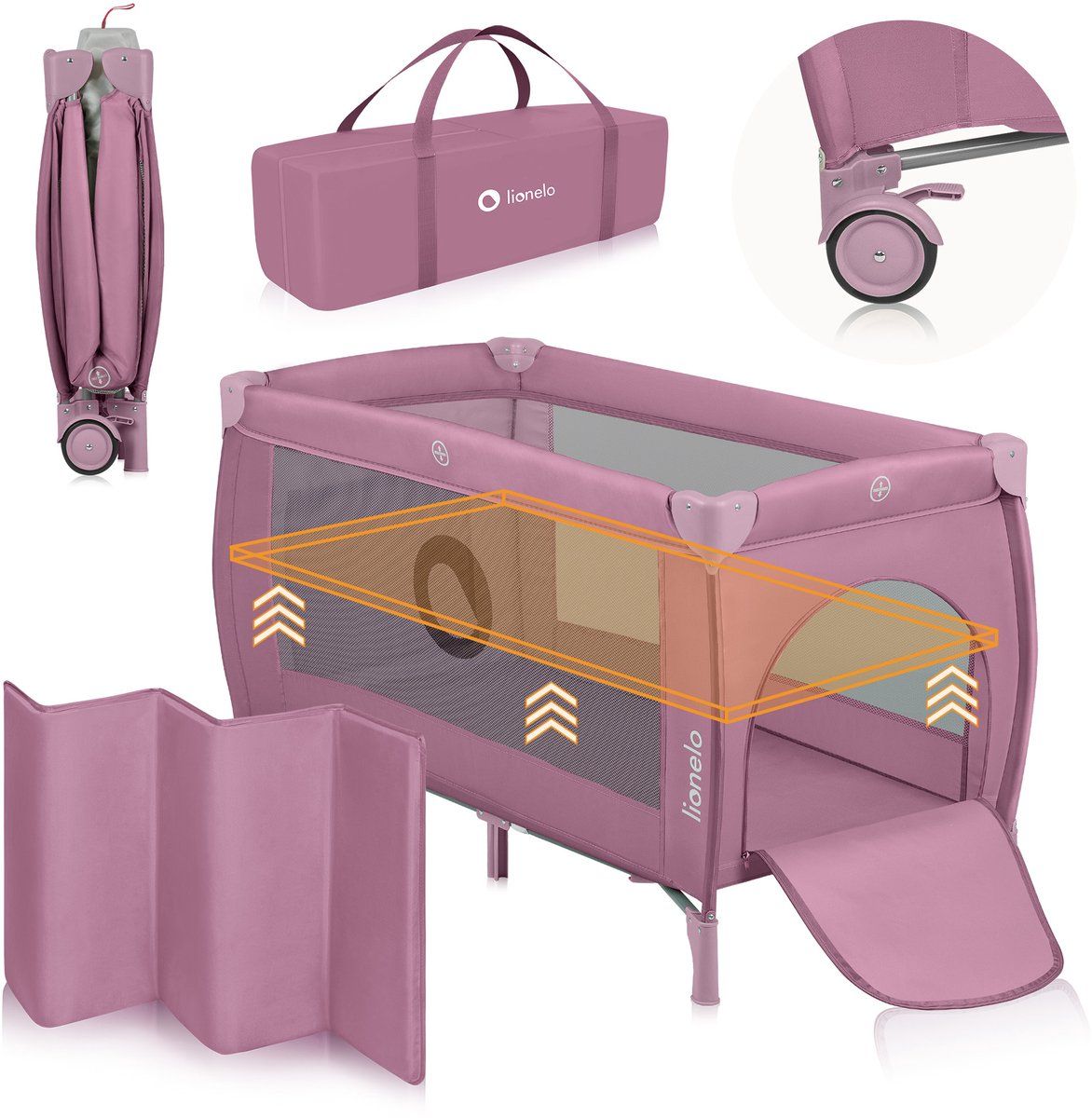 Lionelo Stefi Plus - Campingbedje 2in1 - Reisbedje En Box Tot 15 Kg - Hoogwaardige T25 Schuimmatras - Roze