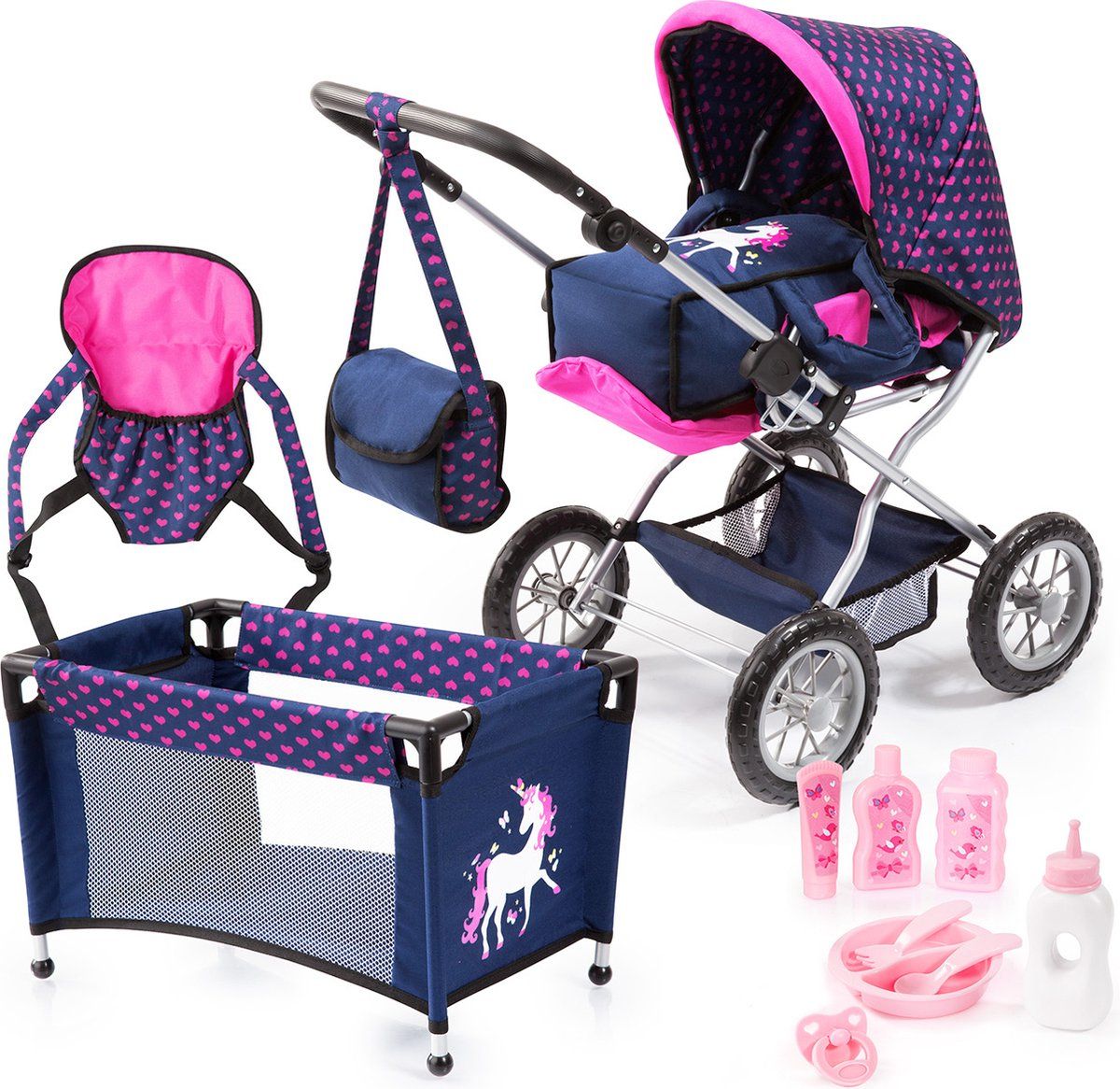 Bayer Design - Combi Poppenwagen Grande Mega Set - Duwstang Verstelbaar 46-75 Cm - Blauw Met Eenhoorn