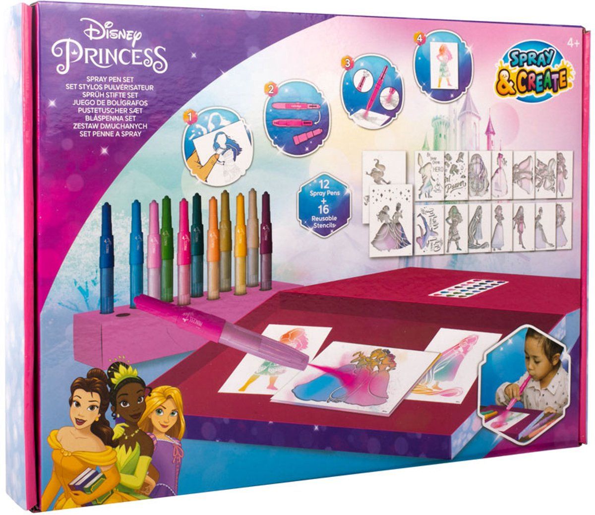 Disney Princess - Spray Pen Set - 12 Kleuren En 16 Stencils