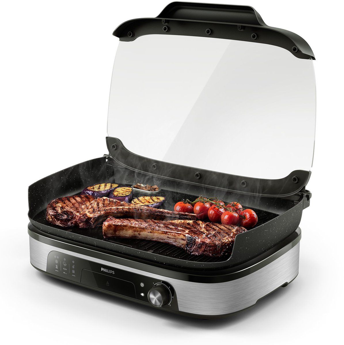 Philips Tafelgrill HD6212/90 - Rook- en aroma-infuser - Glazen deksel - 2400W - Zilver zwart