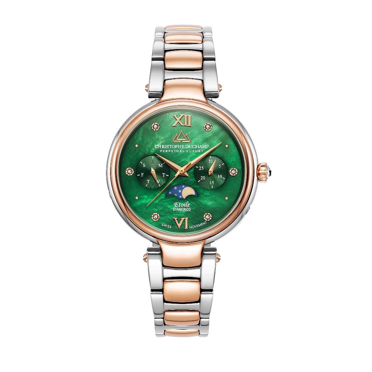 Christophe Duchamp Etoile - Polshorloge - Moonphase - Zilver/Rose Goud Groen Parelmoer