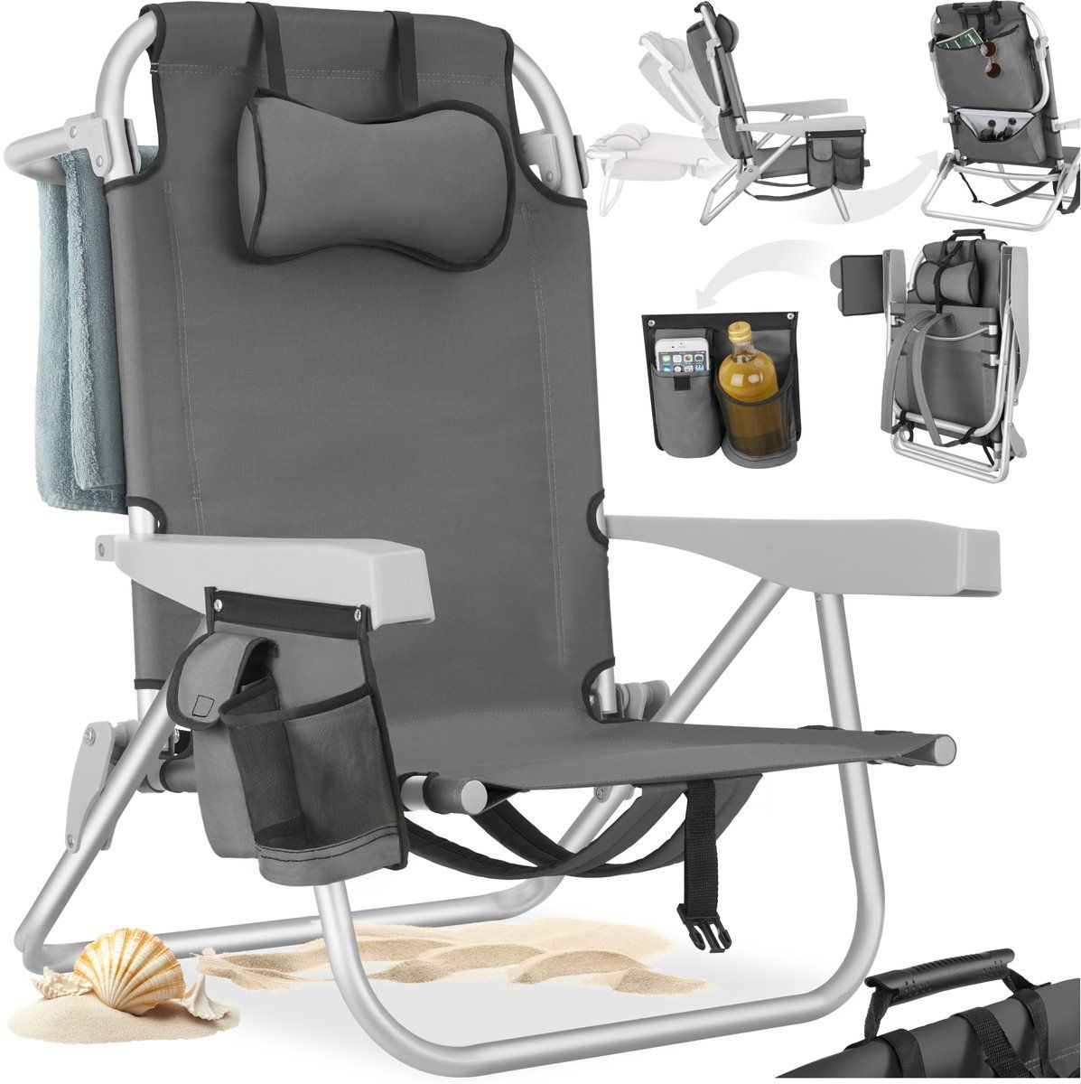 Tectake® Strandstoel Coral - Opvouwbare Campingstoel Met Koeltas En Opbergtas - 5-voudig Verstelbare Rugleuning - Grijs