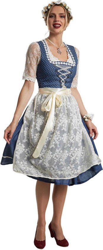 Dressforfun Midi-Dirndl Kleinwalsertal 2 Xl - Verkleedkleding Kostuum - Tijdloze Charme Blauw/wit