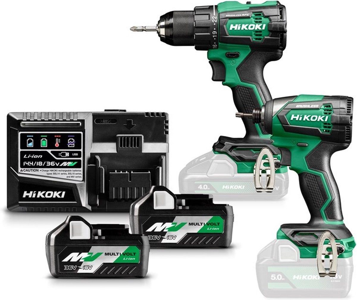 Hikoki KC18DEWAZ - Accu Combopack - DS18DE Accuboor + WD18DE Slagschroevendraaier + 2 Multi Volt Accu's + Snellader (2 Stuks)