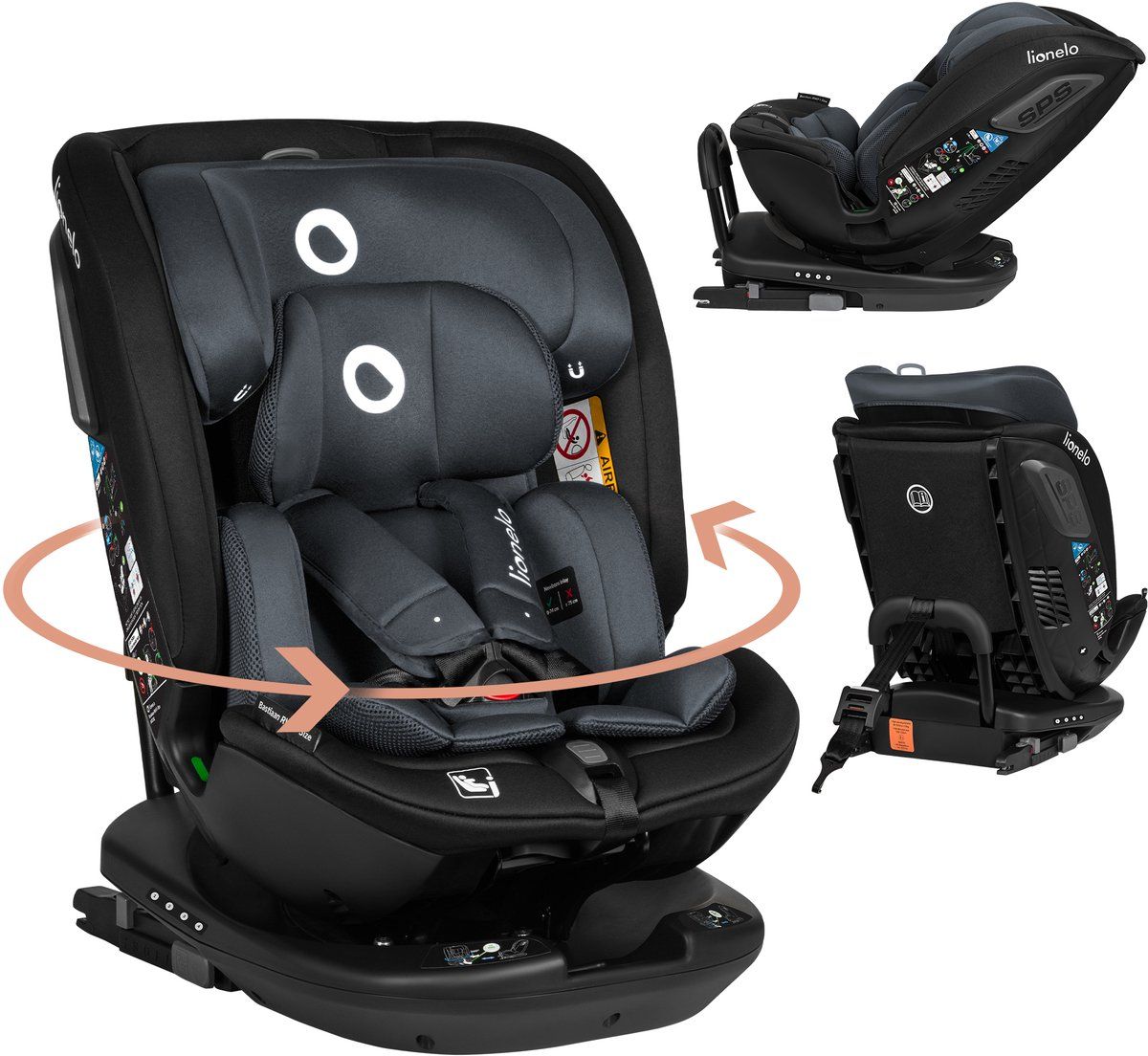 Lionelo Bastiaan RWF i-Size Autostoel - 360° Draaibaar - ISOFIX - Achterwaarts&Voorwaarts - Zwart / Grijs