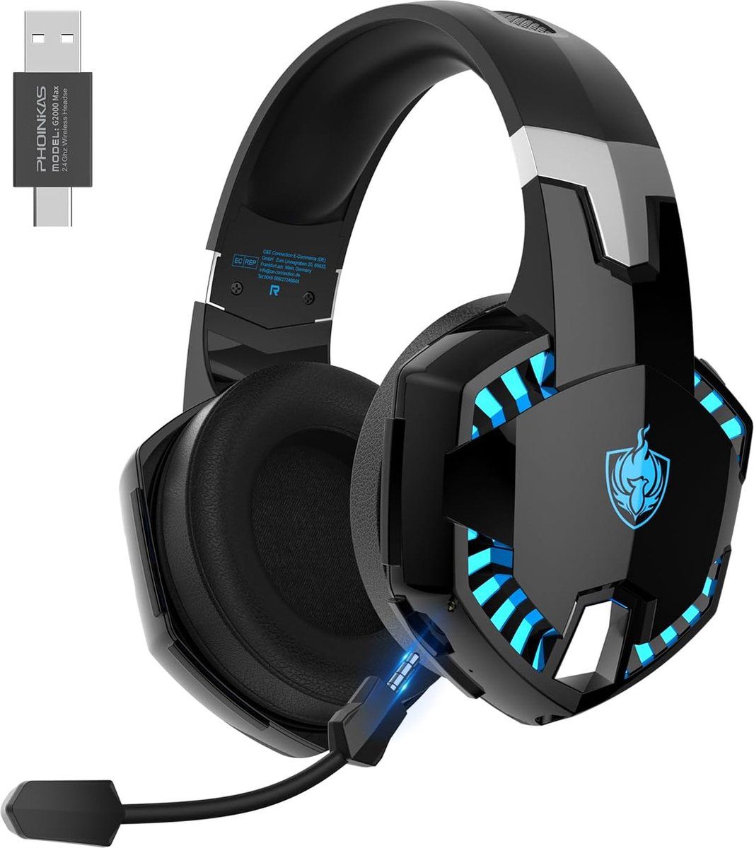 Phoinikas G2000 Max - Draadloze Gaming Headset - 2.4GHz Met Microfoon 7.1 Surroundgeluid - Zwart