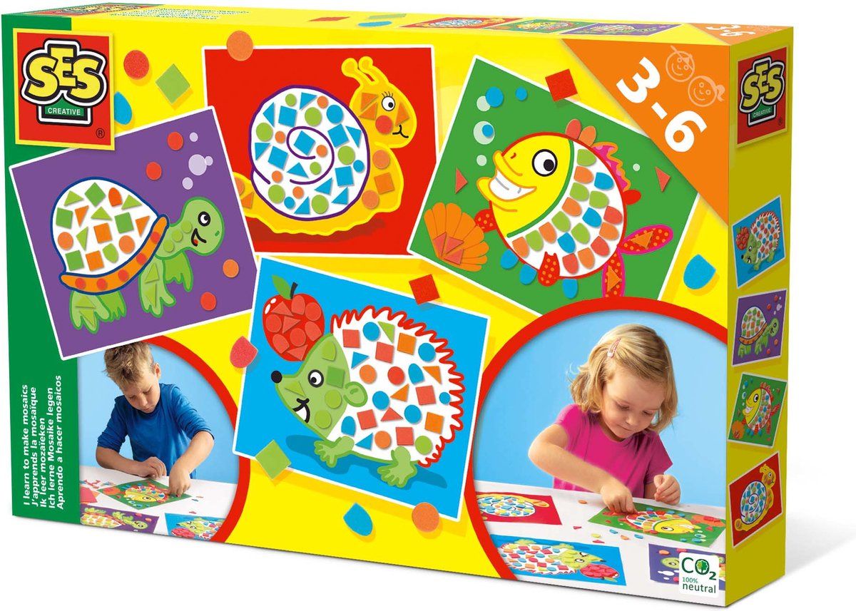 SES - Ik leer mozaïeken - 4 voorbedrukte kaarten met mozaïek stickers