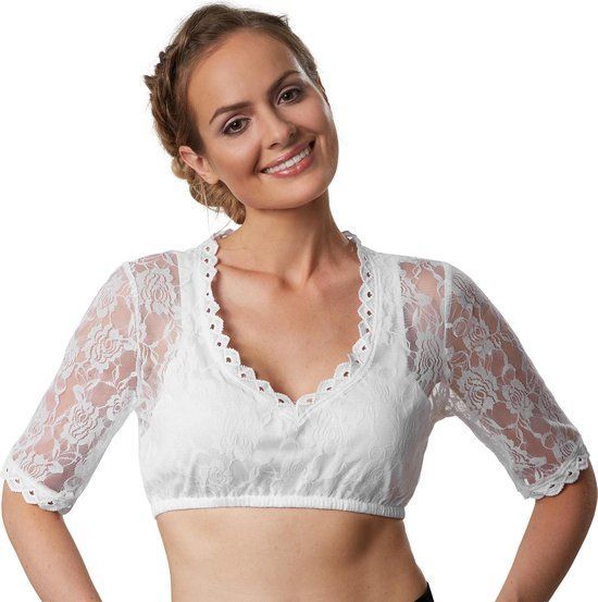 Dressforfun Dirndlblouse Heidi Xxl - Dirndlblouse - Halflange Mouwen Bloemenkant - Wit