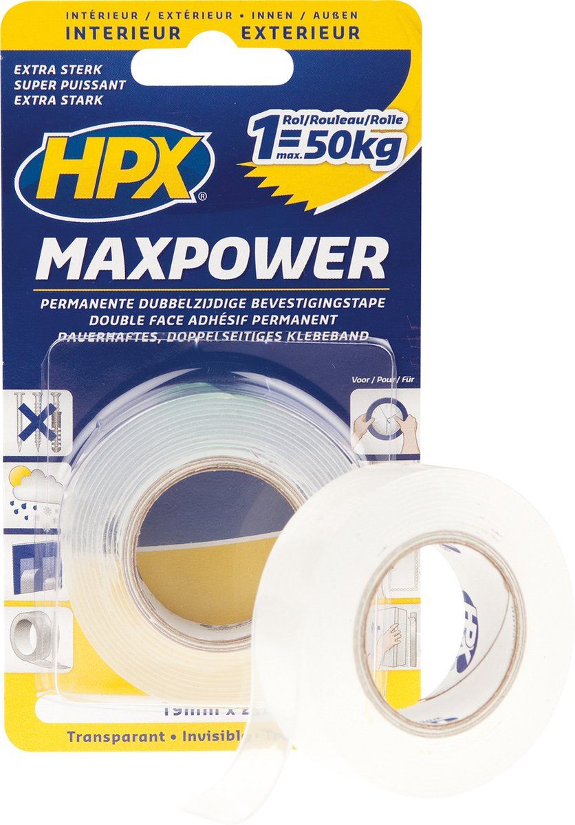 Hp Max Power - Bevestigingstape - Dubbelzijdig 19mm X 2m - Transparant