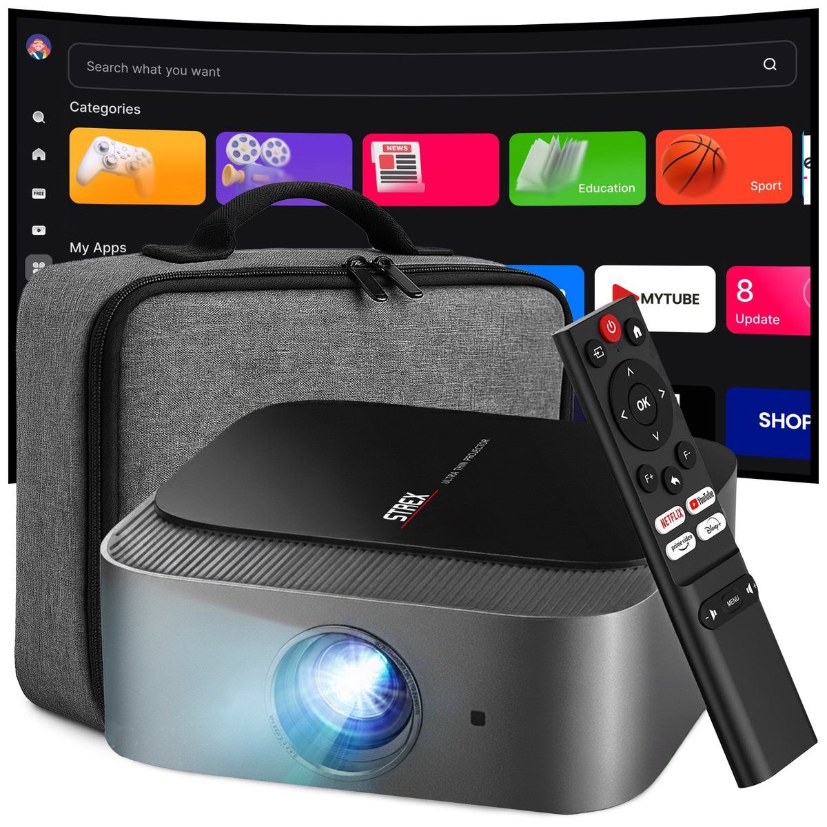 Strex Beamer - Smart 1080P Full Hd Projector - 4K Ondersteuning - WiFi 6&Bluetooth 5.2 - Ingebouwde HiFi Speakers - Draagbare Mini Beamer