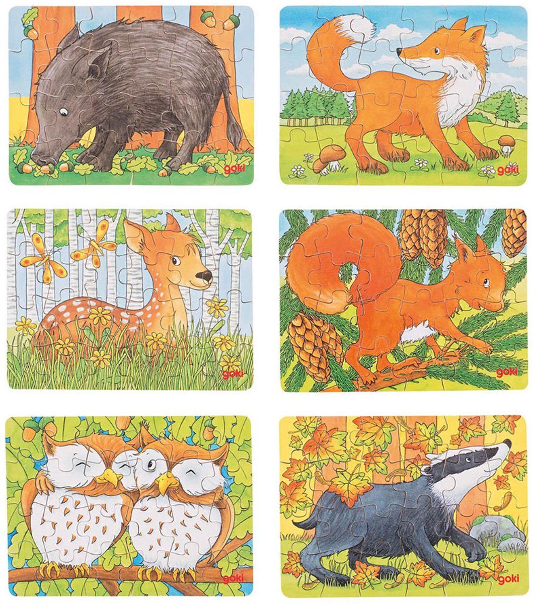 Goki - Houten Mini Puzzel Bosdieren - 24 Stukjes - Multi