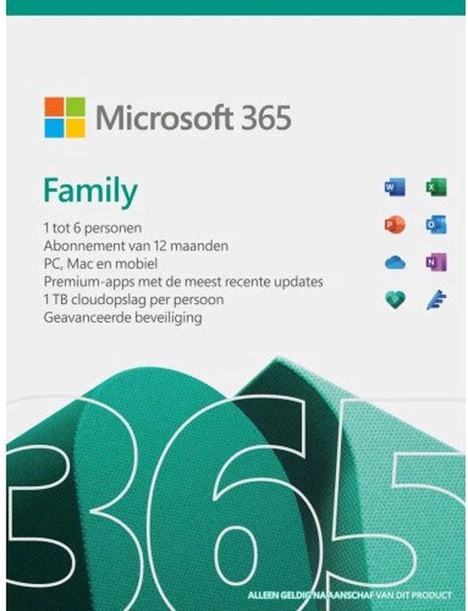 Microsoft 365 Family - Volledige licentie - 1 jaar - 6 gebruikers - 1TB cloudopslag