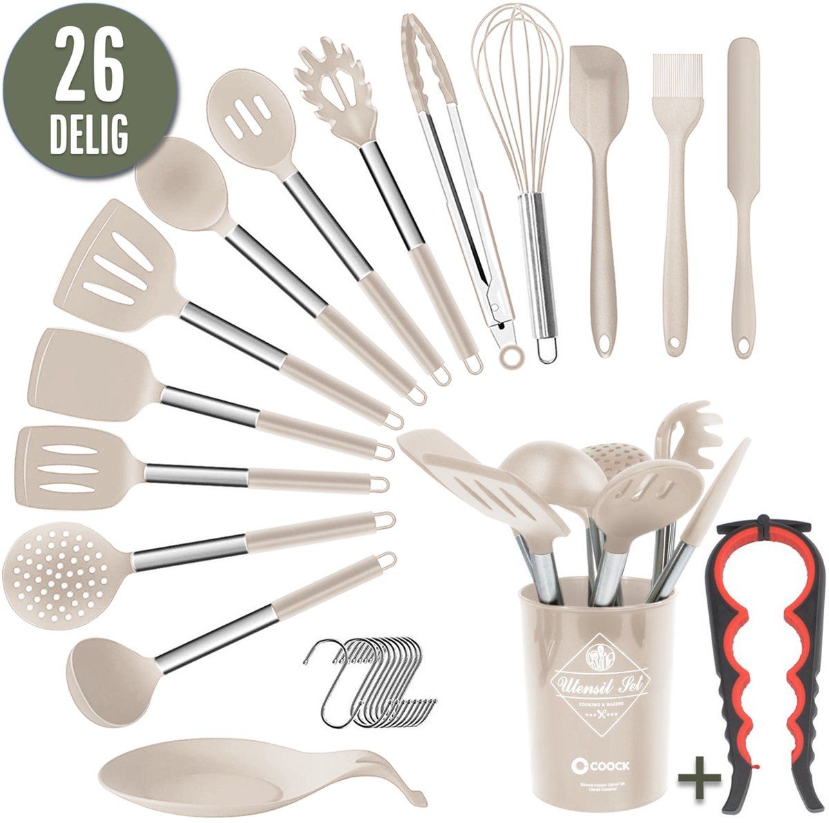 Coock Keukengerei Set Xl - 26 Delig - Hittebestendig Bpa-Vrij - Beige (17 Stuks)