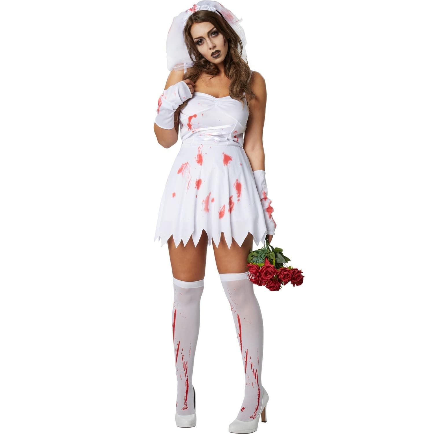 Merkloos Spookbruidskostuum Dames - Halloween Jurk Strapless Met Bloedvlekken - Maat S - Kleur Wit