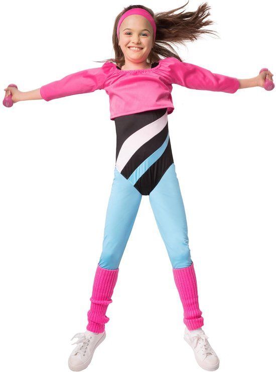 Dressforfun Fitness-sterretje 140 - Verkleedkostuum - Jaren 80 Stijl - Zwart/lichtblauw/roze