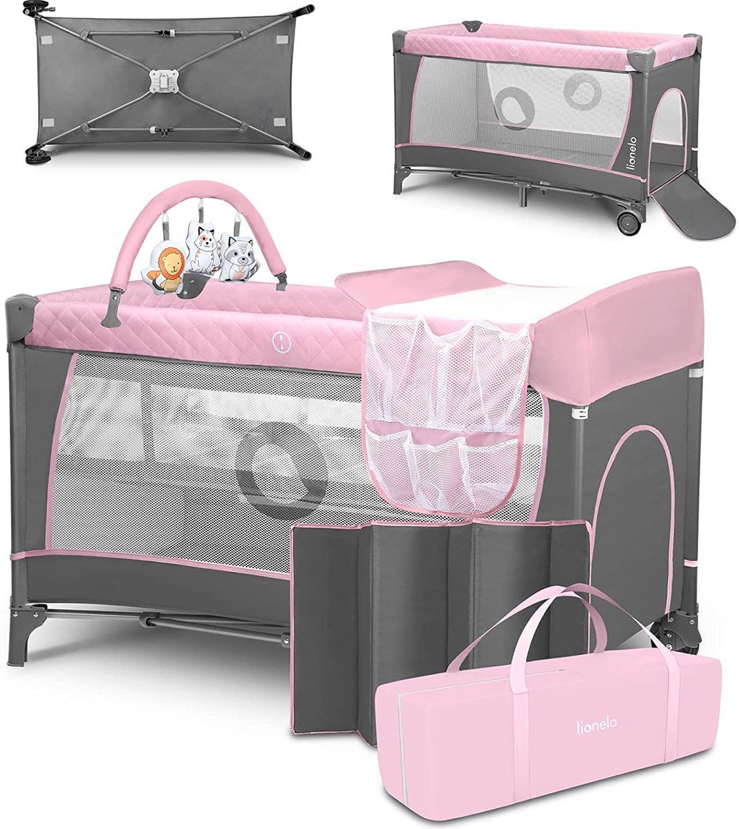 Lionelo Flower - Campingbedje 2in1 - Co-sleeper - LockGuard - Roze/Grijs