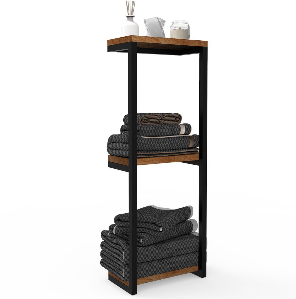Sv Living Handdoekrek - Handdoekhouder - 16 Handdoeken - Matzwart Met Antiek Bruin Hout