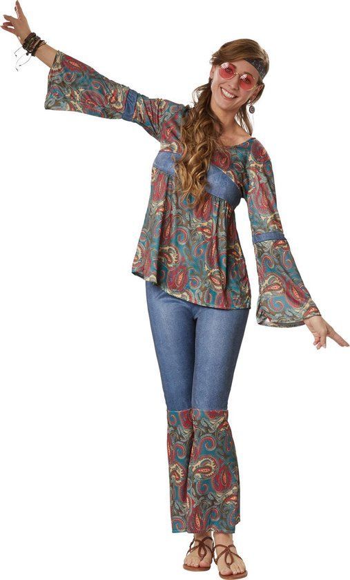 Dressforfun Hippie Girl Harmony Xl - Verkleedkostuum - Lange Broek Met Bloemenpatroon - Jeanslook