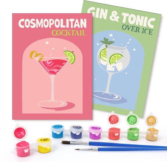 Rubye® Schilderen Op Nummer - Cocktails - Gin Tonic - Inclusief Verf en Penselen - Dubbele Set (2 stuks) - 15x20cm