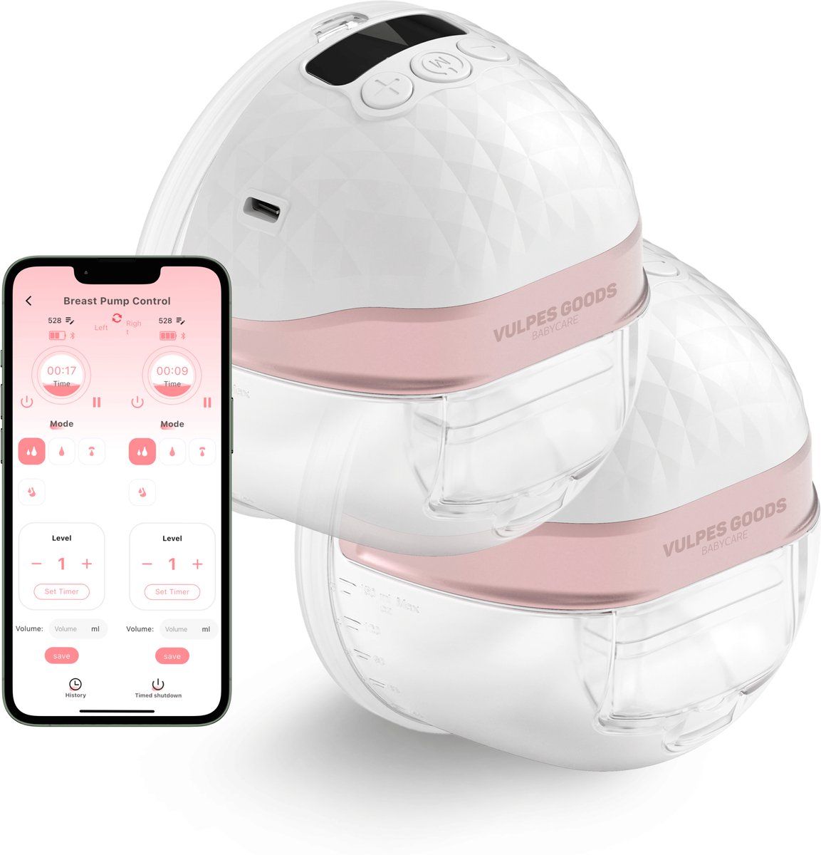 Vulpes Goods® BabyCare - Dubbele Elektrische Borstkolf PRO V2 - Handsfree Draadloos met APP bediening - BPA-Vrij - Kleur Premium White&Rosé Gold (2 stuks)