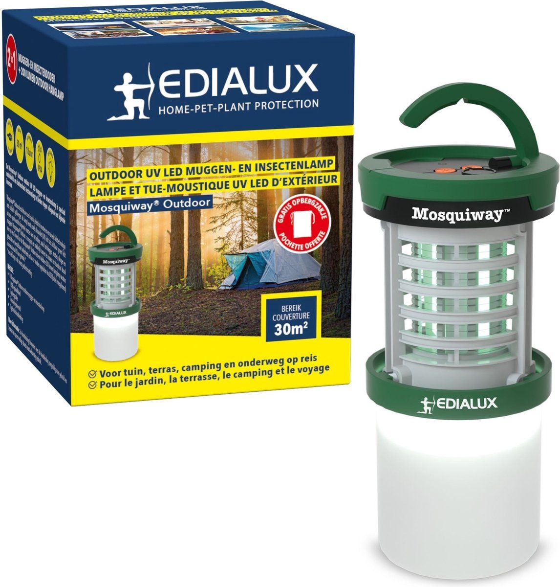 Edialux Outdoor Uv Led Muggen- En Insectenlamp / Insectenverdelger - 30m² Bereik, Dubbele Golflengte Technologie, Usb Oplaadbaar, Ophangbaar Met