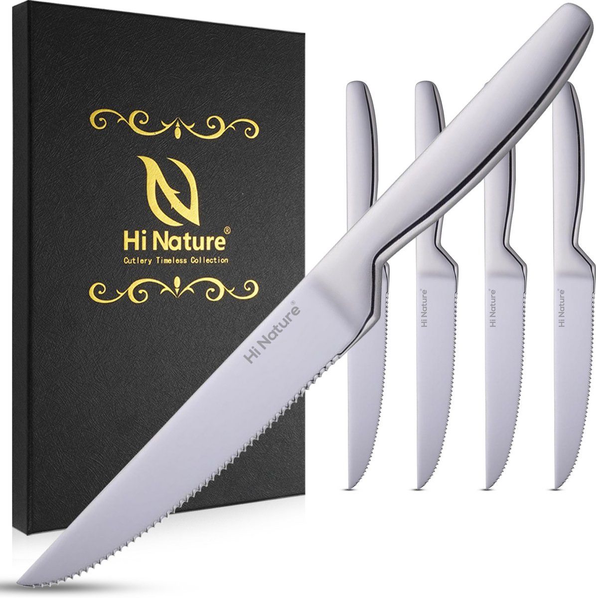 Hi Nature™ Steakmessen - Messenset Rvs - 4x Vaatwasserbestendig 22cm - Zilver (4 Stuks)