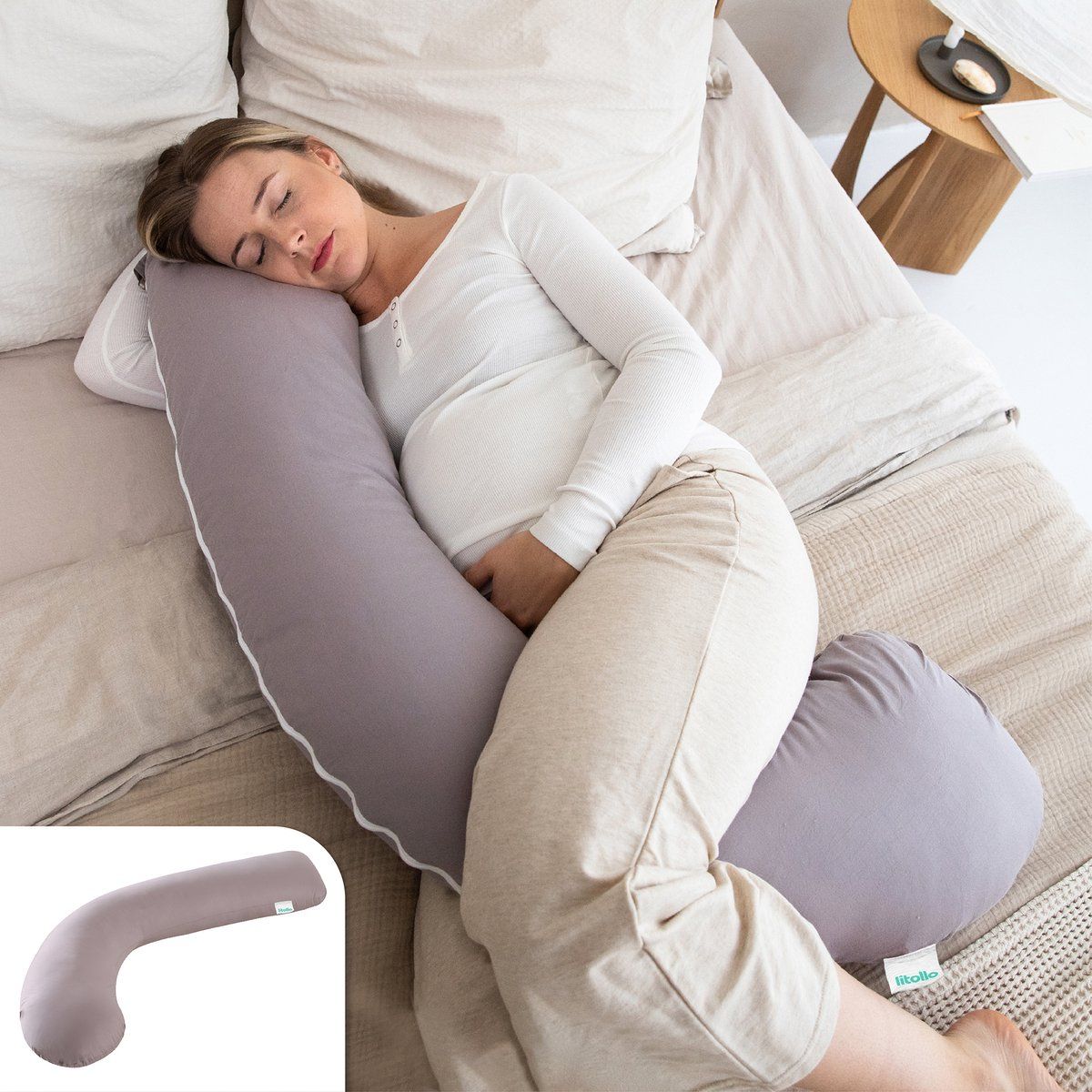 Litollo® Zwangerschapskussen (J-vorm) - Zijslaapkussen - Voedingskussen - Lichaamskussen - Body Pillow - 145cm - Afneembare Hoes - Grijs