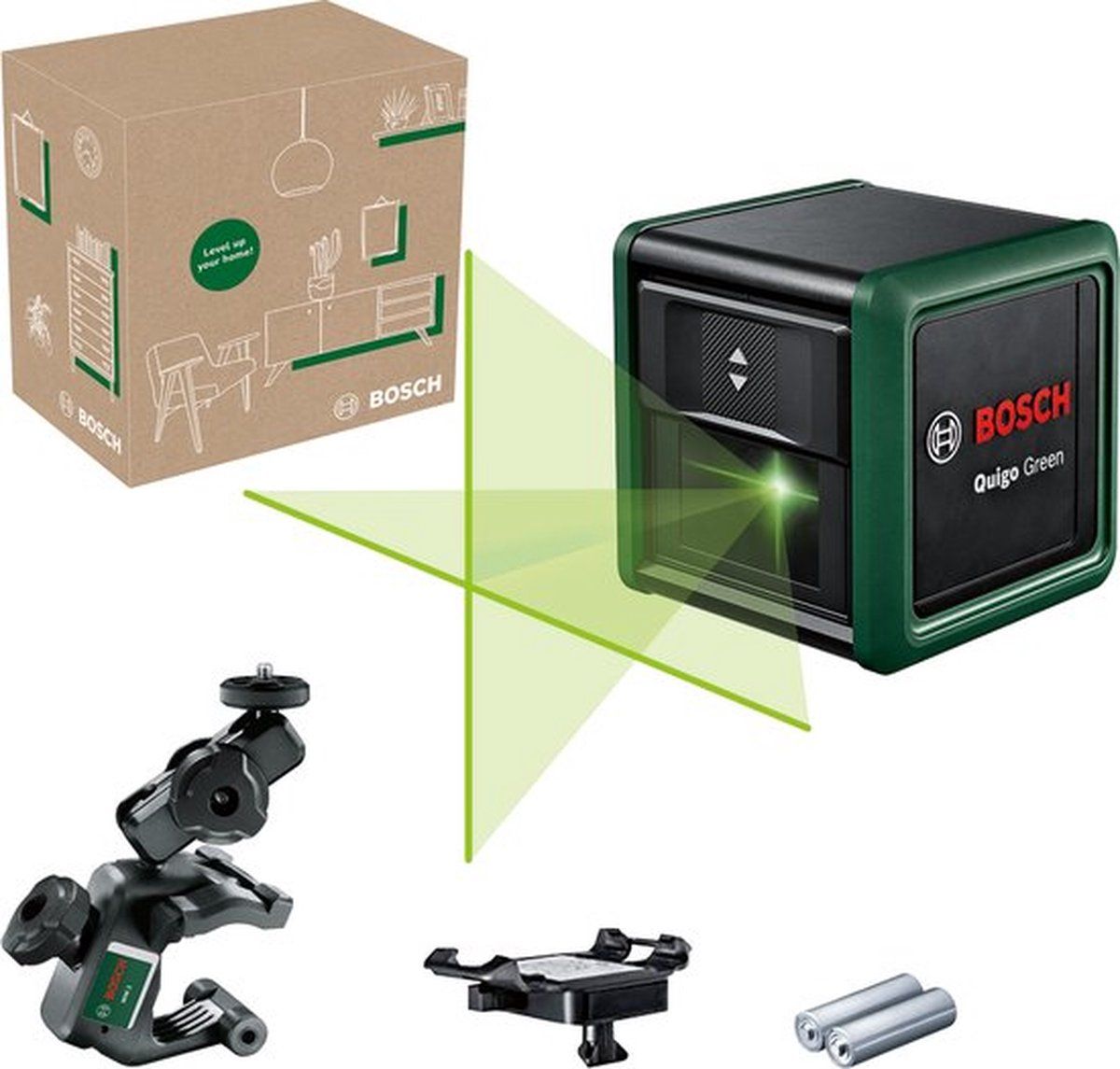 Bosch Quigo Green - Kruislijnlaser - Zelfnivellerend - Inclusief MM2 Klem En Adapterplaat