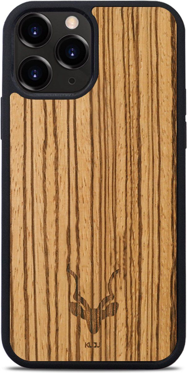 Kudu IPhone 13 Pro Max Hoesje Case - Houten Backcover - Handgemaakt En Afgewerkt Met Duurzaam Tpu - Zebrano - Zwart