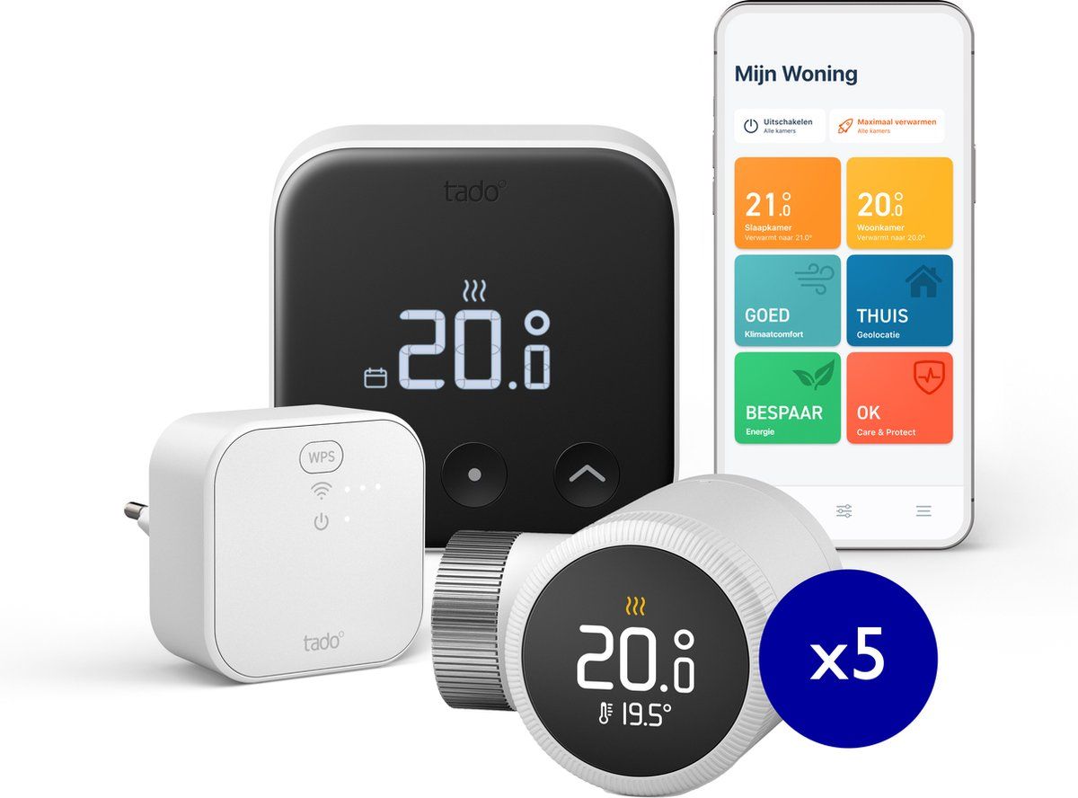 Tado° Slimme Thermostaat X - Starterskit - Incl. Matter Bridge&5 Radiatorknoppen - Bedrade Variant - Zwart/Wit