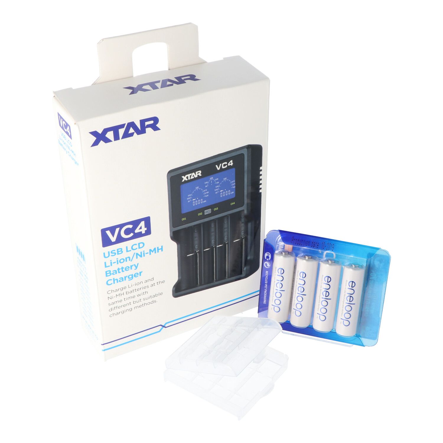 XTAR VC4 snellader in een set met vier Panasonic Eneloop BK-3MCC1 batterijen + batterij-opbergdoos G