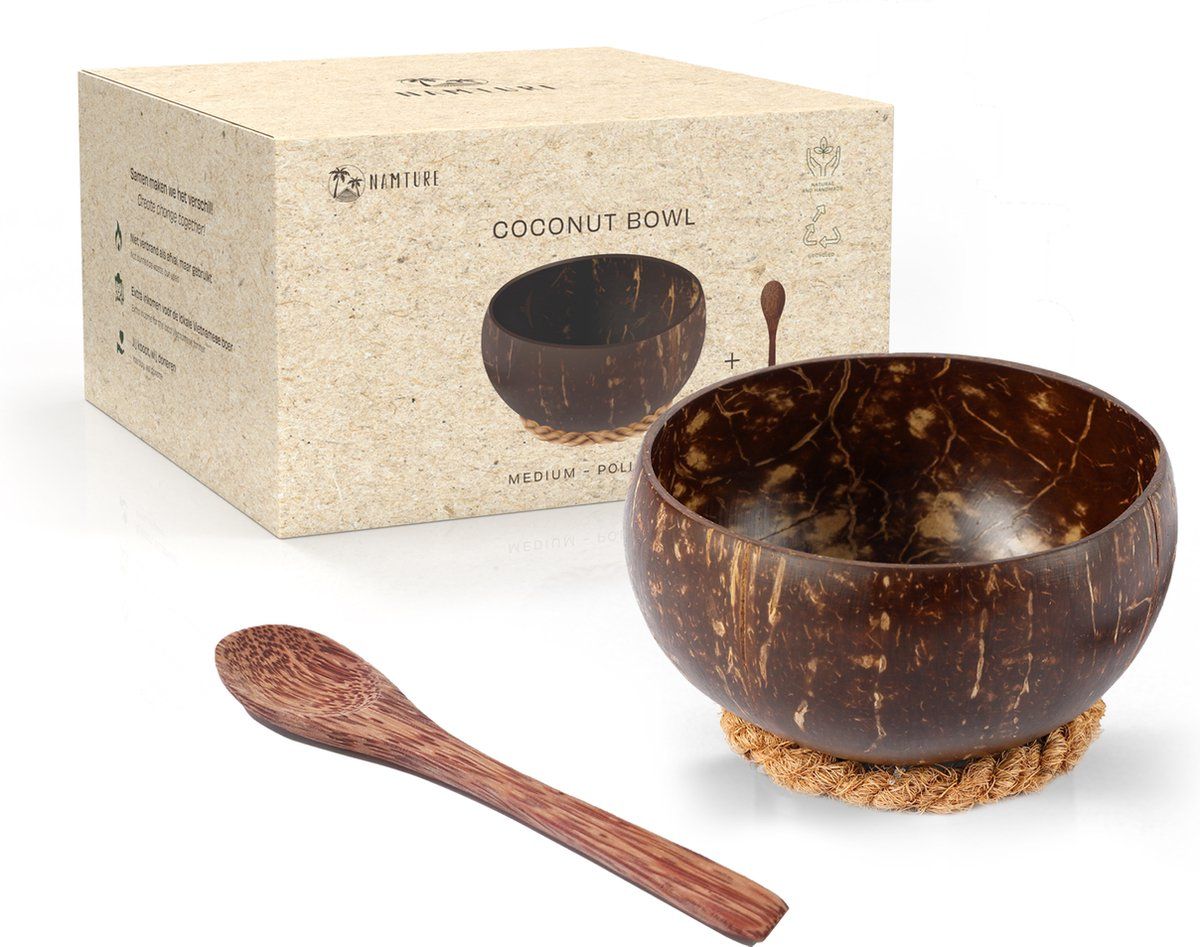Namture Coconut Bowl Set– Inhoud 600ml – Medium Kokosnoot Kom – 100% Natuurlijk - Binnenkant Gepolijst - Duurzaam – Diameter 12-13cm