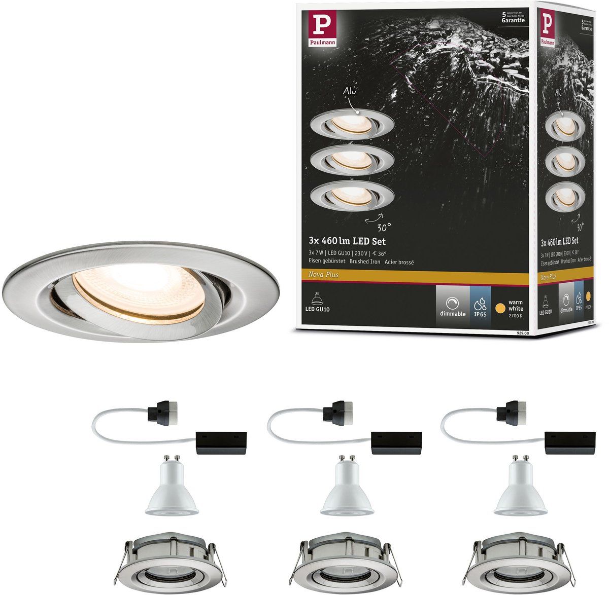 Paulmann Nova Plus - LED-Inbouwspots - Dimbaar - GU10 - Geborsteld staal (set van 3)