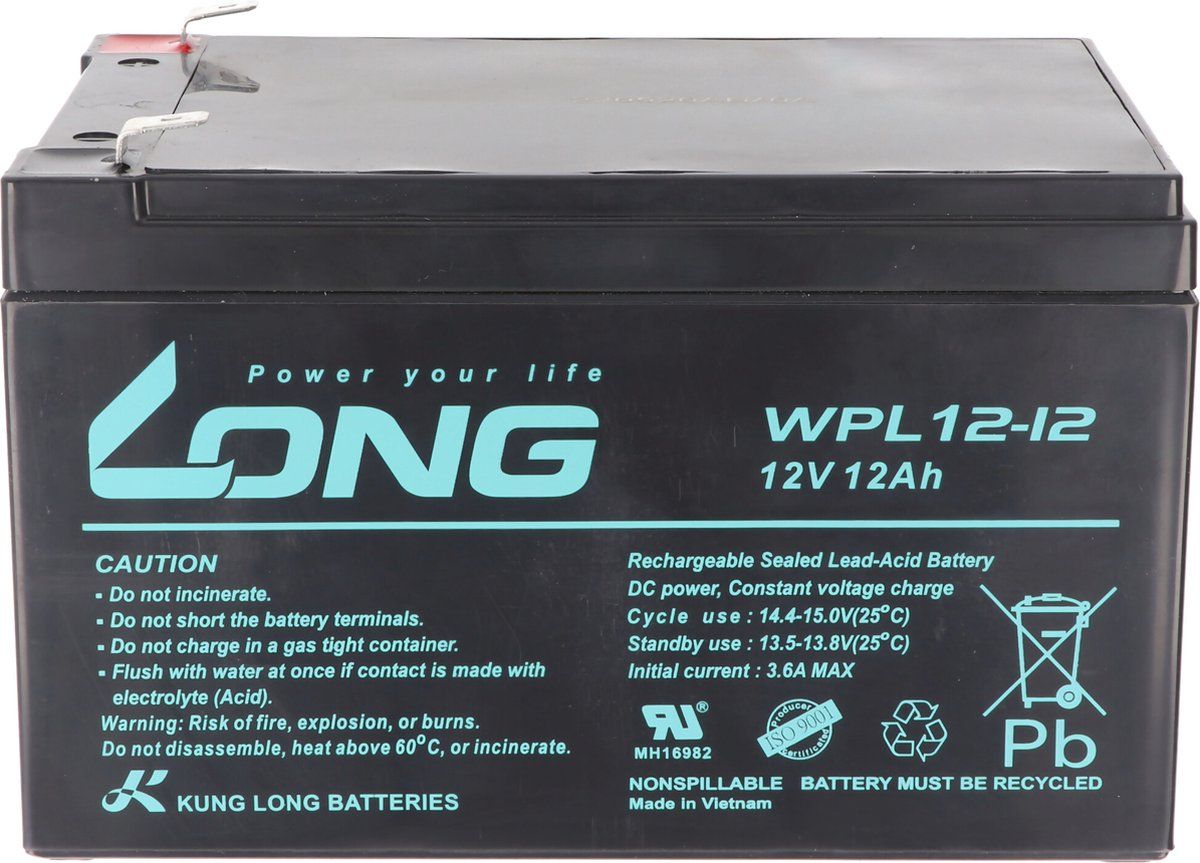 Kung Long WPL12-12 F2 Longlife lood-vlies accu, 12V, 12Ah met 6,3 mm Faston aansluiting