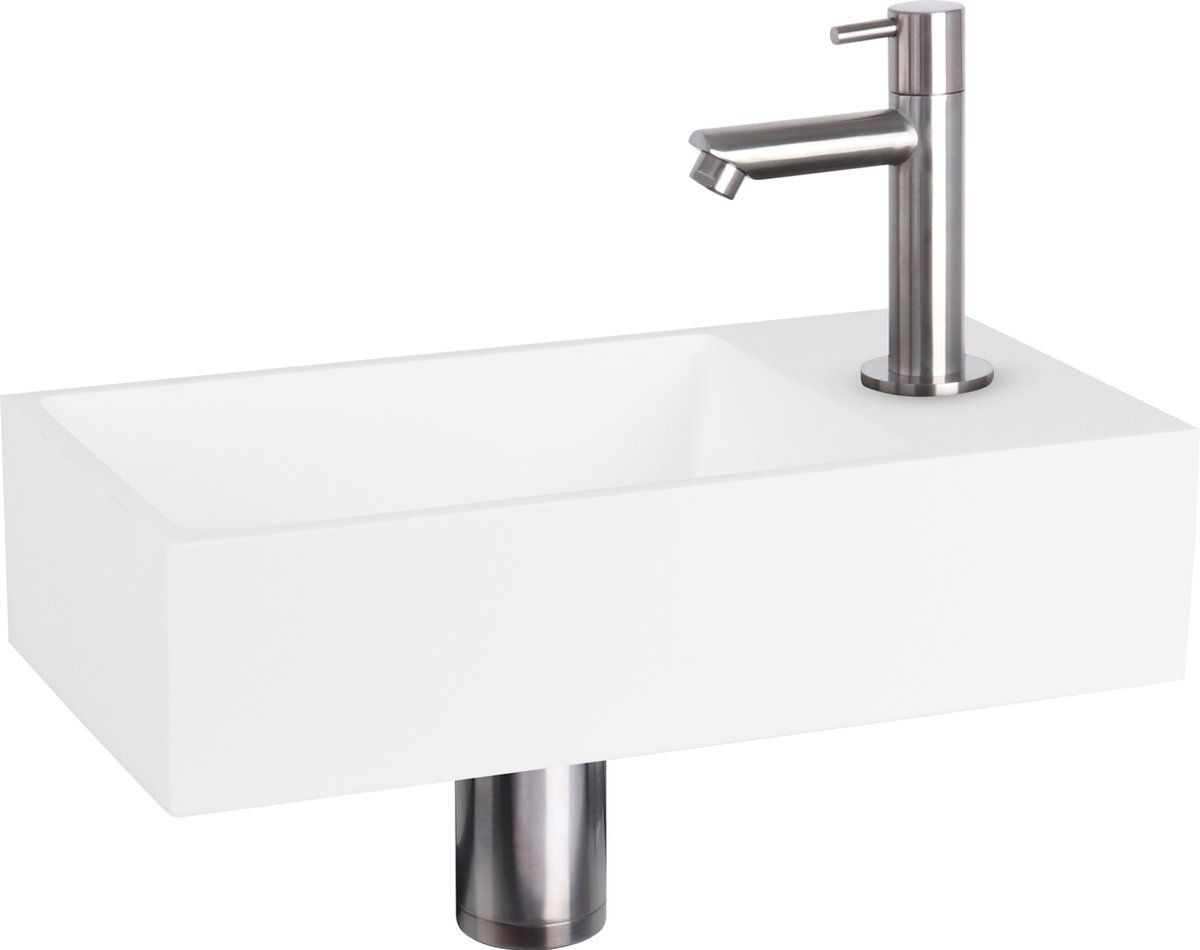 Differnz Solid Fonteinset - Wasbak Solid Surface - Mat Wit - Rechte Kraan Mat Chroom - 36 X 18.5 X 9 Cm