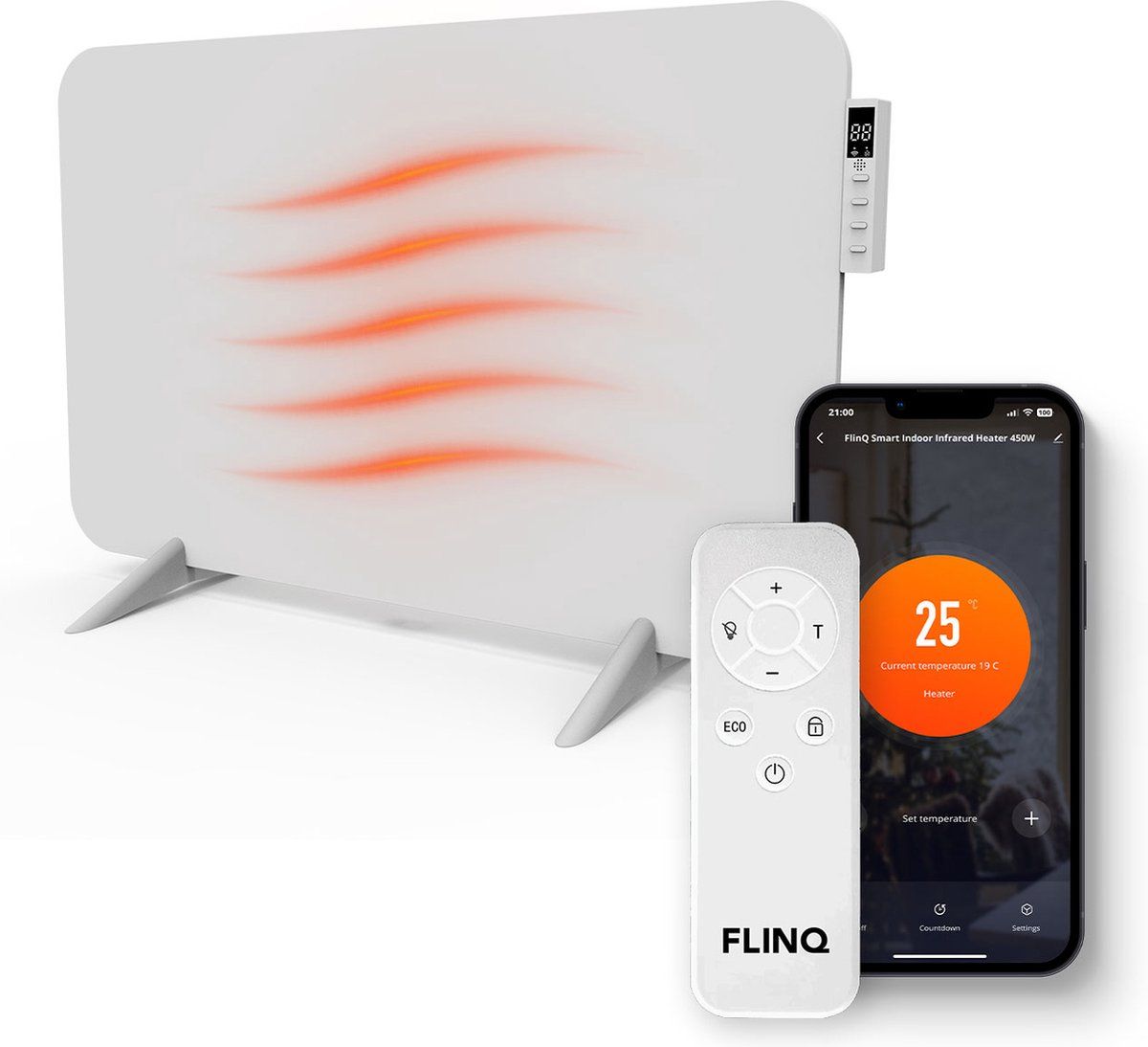 FlinQ Slimme Infrarood Verwarming - Elektrische Verwarmingspaneel - Moderne Kachel - Geschikt Voor Badkamer - Staand&Verplaatsbaar - Met Thermostaat -